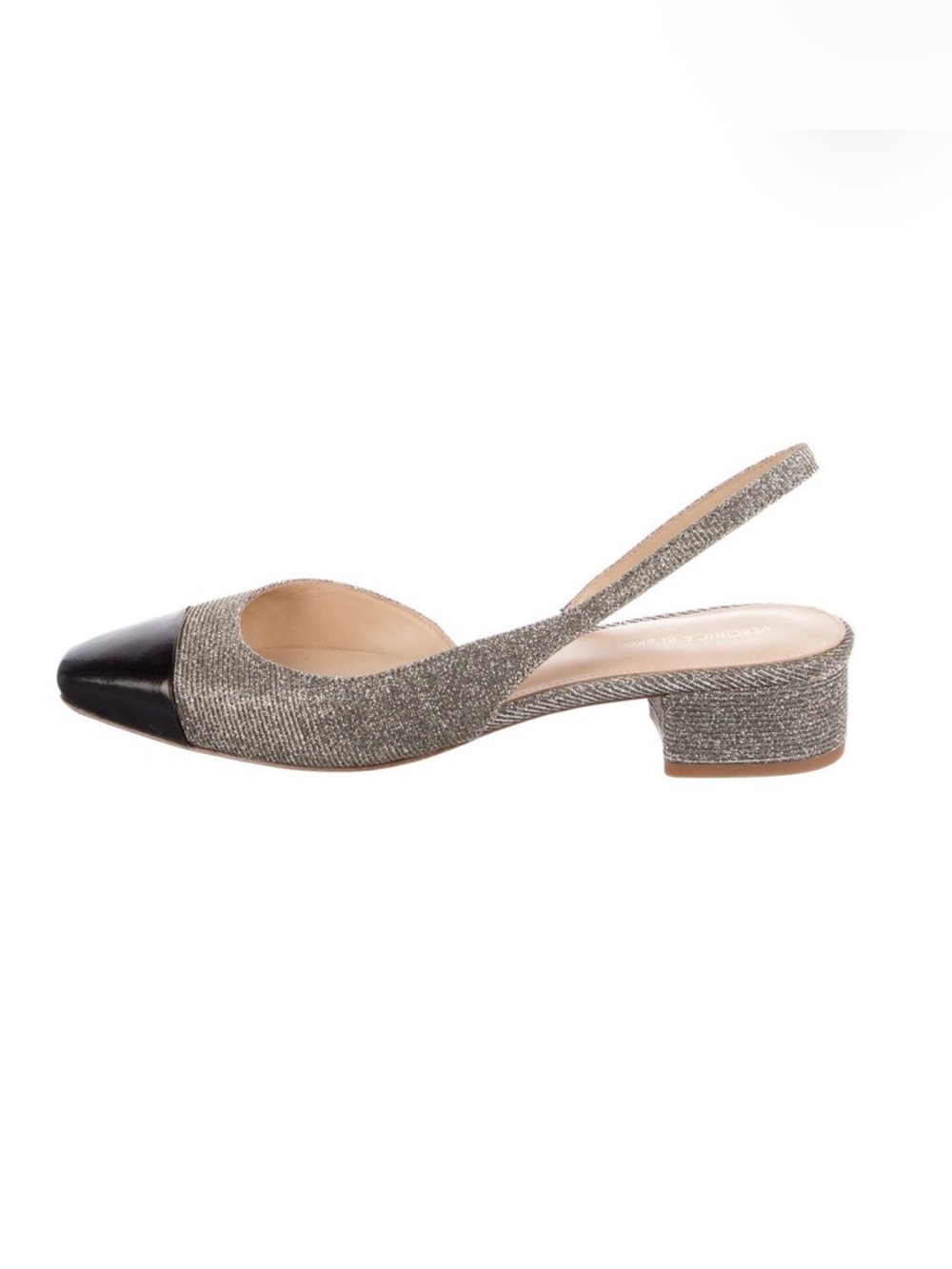 Veronica Beard Cecile Metallic Silver Slingback Low Heel Pump with Black Cap Toe